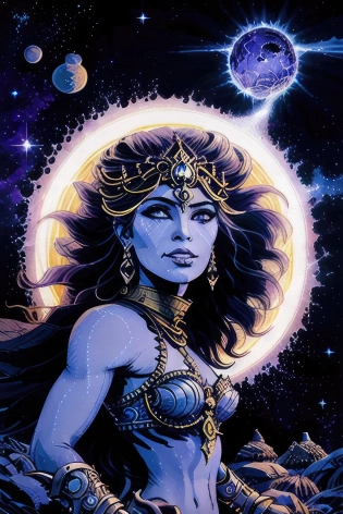 <lora:Valerian&Laureline-comic-style:0. 7>| The warrior goddess stands tall on a desolate planet| her muscular body rippling with power and strength| her hair is long and flowing| a mixture of black and silver strands that shimmer in the light| her face is beautiful yet fierce with sharp cheekbones| full lips| piercing blue eyes that seem to see right through you| the sky above her a mixture of deep purples and blues| reflecting the intense light of the nearby star| the artwork is composed in a hypermaximalist style with every inch of the canvas filled with intricate details and patterns| the use of light and shadow is particularly striking with the intense light of the star casting deep shadows across the planet's surface| the artwork is a groundbreaking and breathtaking masterpiece