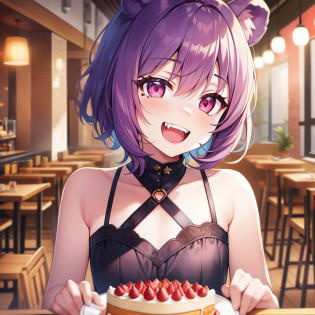 1girl, solo, animal ears, pose, happy, smiling, fangs, purple bear ears, purple hair, ahoge, bangs, short hair, original character, pink eyes, magenta eyes, red eyes, multicolor eyes, short hair, wavy hair, swept bangs, small breasts, flat chest, bear ears, tired, sleepy, bags under eyes, beauty mark, young, loli, short eyebrows, restaurant background, indoor background, laughing, food awe, food, looking at food, star pupils, awe, food, food plate, eating, cake, birthday cake, birthday, party, birthday party, happy birthday, happy, excited