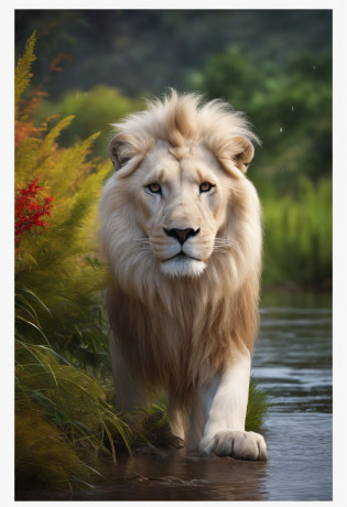 White lion, Wet fur, Heavy rain, on a riverbank, Brightly colored vegetation in the environment, ultra-detailliert, intricate artwork, 8K hyper-realistic cover photo with dazzling colors, Illuminate the night in the background, Convoluted. Defining Blockbusters, Cinematic, Photo realistic masterpiece in 8K resolution: