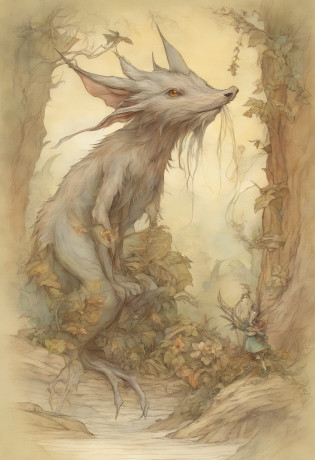 a drawing of a creature with a long nose and a long tail, concept art inspired by Brian Froud, tumblr, art nouveau, brian froud style, brian froud juan gimenez, style of jean baptiste monge, monge jean-baptiste monge, jean - baptiste monge, jean baptiste monge, tony diterlizzi and brian froud