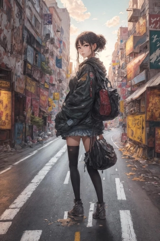 masterpiece, best quality, 1girl, solo, ultra high detailed face, city, road