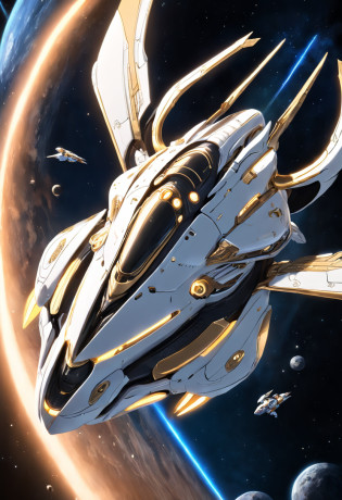 ivory white and gold plated space ship like the starcraft protoss, spaceship with two wings flying in the sky at night, dark ( spaceship ), scifi spaceship, cartoon fantasy spaceship, futuristic spaceship, alien space ship flying in space, spaceship far on the background, spaceship in dark space, futuristic starship, detailed spaceship, top down view