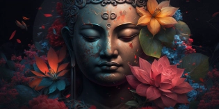 Buddha statue with colorful flowers