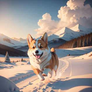 ultra-realistic realism?Lovely corgi?Corgi in the snow?Fluffy fur?illustratio?The rising sun is behind you?Dawn background?8K images?ultra-realistic realism?blue-sky?The is very detailed?Doggy?gentle illumination?A high resolution?Drive through snowy fields?Corgi is rushing towards you
