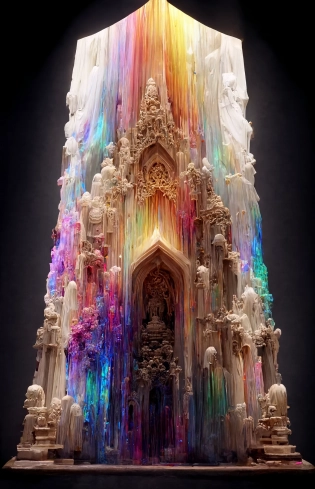 a cathedral made of rainbow marble and white paper, carved, intricate, ornate, Kirigami, wideshot, cinematic lighting, ray tracing, ayumi shibata, nohoko kojima �ar 11:17 --q 2 --s 5000 --uplight