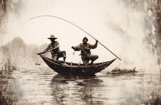two fishermen in fishing boats on the water, in the style of graceful balance, innovating techniques, art of burma, avian-themed, human connections
