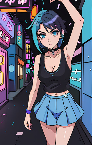 1girl, mature woman, ((full length shot)), masterpiece, professional Anime, standing, (blue hair), (large breasts), tall, long legs, portrait, anatomically correct, (full body), skin texture, anime eyes, perfect eyes, beautiful, gorgeous, beautiful body, (wearing dark punk skirt), ((Black tank top)), (V Neck Neckline), (bra showing), collar, emo, goth, punk, ((choker)), (Blue Hair), ((undercut Hair)), ((punk hair)), ((Emo hair)), ((nose ring)), arched eyebrows, perfect hands, original image, perfect image, Anime portfolio, perfectly drawn, Anime illustration, (((anime))), fashion anime, sexy anime, city pop, colorful, party lights, lights, photo studio, disco club, disco lights, dance party, 80s club, pretty face, cute, night setting, neon reflections, neon lights, highly detailed background, club background, disco hall, shallow depth of field, tiled wall, Bokeh, gorgeous photo, watercolors, pastel watercolors, Tokyo, 80s, akihabara, otzk