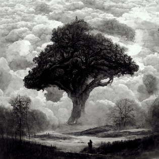 an enormous oak tree in the middle of a clearing within a forest. The majestic tree stretches above the clouds, a lone figure sits beneath the tree. Greyscale medeival art.
