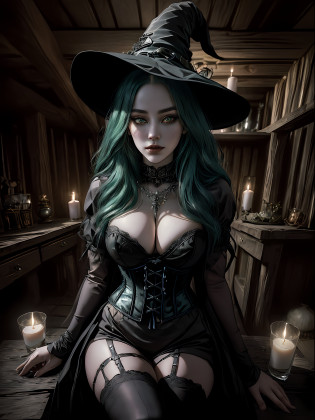 (masterpiece, CGI, enchanting witch character:1.4), a captivating CGI scene featuring a bewitching sorceress with luscious green hair, clad in a seductive gothic black attire, and wearing a stylish witch's hat, (exuding allure and mystique:1.2), (her captivating appearance showcasing a perfect hourglass figure:1.1), (lens used: prime 50mm:1.3), (camera model: Full-frame Sony Alpha a7R IV:1.3), (meticulously crafted lighting setting a mysterious ambiance:1.2), (soft candlelight casting enchanting shadows:1.1), (the wooden cabin interior as the backdrop:1.2), (wooden beams and mystical trinkets decorating the cabin:1.1), (the witch's confident gaze captivating the viewer:1.2), (her flawless skin with a subtle magical glow:1.1), (accentuating her allure and charm:1.2), (her outfit combining seductiveness with gothic elegance:1.1), (a tight corset accentuating her curves:1.2), (inviting viewers into the realm of magic and mystery:1.1), (celebrating her bewitching beauty and feminine power:1.2), (the portrait capturing the essence of dark enchantment:1.1), (a fusion of gothic allure and witchcraft:1.2), (an empowering portrayal of an enchantress embracing her unique beauty:1.1), (a moment of magic and allure crafted with precision:1.2), (a timeless portrait that invites viewers into the world of sorcery:1.1), (an embodiment of witchcraft and feminine allure:1.2), (a captivating scene that bewitches the imagination:1.1), (an enchantress reigning in her mystical domain:1.2), (a photo that conjures up a captivating tale within a wooden cabin's embrace:1.1).
