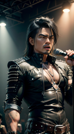 9:A scale of 16?Heavy metal music style?Metal music?Heavy metal music?Rock music?R&B?Concert?Image of Asian middle-aged male?Dark style?Death metal music?Hardcore metal music?, Natural skin texture, 24mm, 4K textures, Soft cinematic light, Adobe Lightroom, photolab, hdr, Intricate,  Highly detailed, Sharp focus, ((((Cinematic look)))), soothing tones, insanely details, Intricate details, ultra�-�detailed, Low contrast, Soft cinematic light, dim colors, exposure blend, hdr, Epic reality? cinematic ligh? dramatics? pastelcolor? medium? art  stations? Concert?Rock stars attract,studded leather jacket?Masterpiece, Best quality,Photo, Realistic, Sharp focus, extreme hight detail, light fixtures, The muscle man yells into the microphone on stage, lamp lights, Ratch speakers, Rock stars attract?posing on a,  Angry,with short black hair, Blonde, Leather Jean, belt, Chains, shoulder pad, Gorgeous rock style