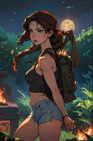 (best quality, masterpiece1. 2), (detailed eye:1. 2), complex detail, depth of field, 1girl, jungle, crop top, sweat, brown hair, exploration, good proportion, curvy, night, moon, backpack, (tomb raider: 1. 2), (Lara Croft: 1. 2), gun strap to leg, action, dynamic, (big fire), lost temple, cameltoe, tight tank top, (ripped clothes), nipple, clothes tearing down, sweat, water