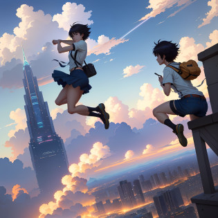 anime characters are jumping on a ledge with a city in the background, makoto shinkai and bioware, sakimichan and makoto shinkai, makoto shinkai and tom bagshaw, makoto shinkai cyril rolando, moebius and makoto shinkai, makoto shinkai and artgerm, guweiz and makoto shinkai