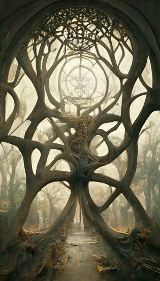 universal tree of life and death, suspended in a ray of light, low angle view, dark moody atmosphere, infinite corridors made of twigs, alien symmetric constructs, mystical, dark gothic, dreamy, ethereal, detailed and intricate, hypermaximalist, elegant, ornate, luxury, elite, horror, creepy, ominous, haunting, matte painting, cinematic, cgsociety, john william waterhouse, John singer Sargent, Mucha, gloomy, realistic, trending on artstation :: old oak tree, flowing twigs, allium flower, ethereal vortex, intricate detailed geometries :: infinite maze, mystical, dark gothic, wide angle shot, muted colors, detailed and intricate, golden ratio, hypermaximalist, elegant, ornate, luxury, elite, horror, creepy, ominous, haunting, matte painting, cinematic, Renato muccillo and Andreas Rocha, trending on artstation --no people --ar 9:16 --uplight