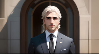 a man standing with 30 years in suit and tie, cuerpo y cabeza rectos en la foto, cabello blanco, DSRL, frente al espectador de la foto, ojos fijos a la lente, aparece hombros y cabeza en la foto, hombre centrado en la foto, 8k, mejor calidad, obra maestra, realista, foto realista, movie photo, ultra realista, 1 persona, detallado, perfect ilumination,  DSRL, foto profesional, 4k
