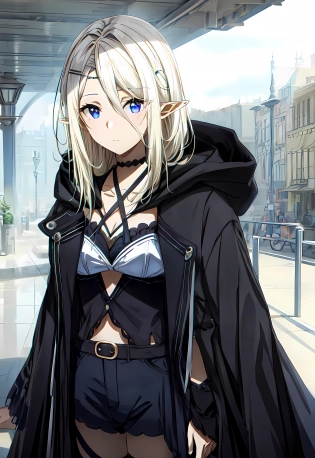 <lora:beatrix:0. 8>, single girl, solo, bangs, long hair, hair between eyes, hair ornament, hairclip, black choker, choker, closed mouth, pointy ears, criss-cross halter, halterneck, hood, hood down, Cinematic Scene, Extreme Detail, Victorian Cityscape, <lora:add_detail:1>, 16k, UHD, HDR, (Masterpiece:1. 5), (best quality:1. 5)