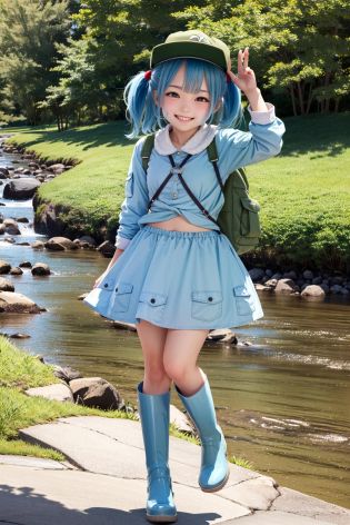 masterpiece, best quality, highres, 
kawashiro nitori, <lora:nitori:1>, smile,
1girl,two side up, hat,hair bobbles,key,rubber boots,backpack,
river, montain,
