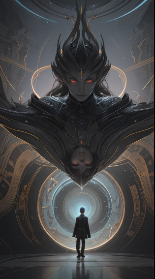 In the picture, a man is seated in a surreal space. His hair is silver and looks very mysterious and incredible. The man's left eye is red and his right eye is blue, and the colors of the two form a strong contrast, as if showing two different powers and energies.

The clothes on the men are also full of surrealist elements. He wears a black coat with various mysterious symbols and patterns painted on it, creating a mysterious atmosphere. His pants are a pair of tight black leather pants, showing the strong and sturdy body line of the man.

This surreal space is full of mysterious elements. The walls and floors of the space are made of a variety of different materials and textures, creating a fantastic visual effect. The patterns and graphics on the walls are intertwined, and the different shades of color are intertwined to create a fantastical effect. On the ground is a huge illusory whirlpool, like a portal to another dimension, which involuntarily reminds people of fantasy stories and legends.

The whole picture is full of mystery and detachment, making people involuntarily immerse themselves in this surreal world. The man's body and the surrounding environment carry a mysterious atmosphere, making people feel a magic power from another world and power beyond humans. This picture fully demonstrates the unique charm of surrealist art, which makes people excited and awe-inspiring. (8K wallpapers, masterpieces, excellent)
