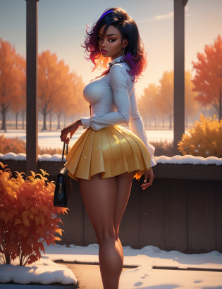 Megan Thee Stallion at the autumn colorful park, wearing a flared short skirt and blouse, taken from the side, best quality masterpiece, photorealistic, detailed, 8k, HDR, shallow depth of field, broad light, high contrast, backlighting, bloom, light sparkles, chromatic aberration, sharp focus, RAW color photo, golden hour, rainbow, snow