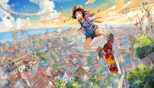Girl Standing On Skateboard?flying though the air?overlooking a city?There are roller coaster tracks all over the city?Presents a wormeye perspective?Based on the work of Eiichiro Nakata in Weekly Shonen?One piece?Cover art style is style?