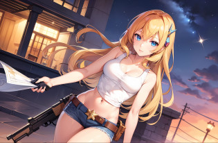 1 girl, masterpiece, macross delta splash art,  best quality, white tank top, midriff, short blue jeans, small breasts, cowboy hat, gun holster on hip, highly detailed gun, realistic gun, Colt Peacemaker in hand, gun aimed forward, sheriff badge, bullets on belt, brown leather duster, detailed eyes, sparkling eyes, beautiful hands, highly detailed hands, straight hands, shiny skin, shiny hair, blue eyes, light blonde hair, tall, long hair, straight hair, full body, American flag