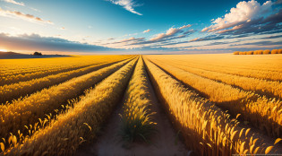 Golden wheat fields are connected to the blue sky and white clouds?bumper harvest ?harvest?photorealestic?photography of --auto