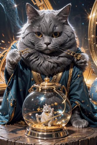 ((masterpiece), (best quality), ultra high res, (raw photo:1.2), (photorealistic:1.4), Exceptional detail, dramatic lighting, highres,   8k, absurdres,  1cat, (Chartreux:1.2),  Chartreux, paw, space, universe, earth,  (magical robe), marvel, time travel, magical circle, summon, summon circle,  space and time distortion, universe inside a metal hour glass, hour glass, marvel cinematic universe, 
<lora:Chartreux_38-000002:0.7>, <lora:c4ttitudeflexver:0.65>