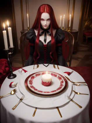 (Vampire?(Fair skin)?(Snow-white skin)?long red hair?Jet black dress?eyes glowing red?red�pupils?Golden Eyes?ruthless look?The smell of blood?Beautiful figure?Perfect Style?Skinny Legs)?dinner party?Candle lighting?Long Table?White tablecloth?Tableware placed on the table?Neck of a person on a dish
