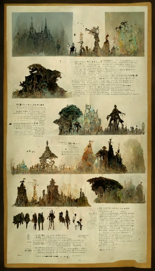 full page scan of detailed fantasy and medieval concept art of many people and creatures silhouettes, intricate details, faded colors, old soiled paper, baroque style, forest and road, occult, illustration, intricate details, symmetry, decay, post apocalyptic, desaturated, concept art, Makoto Shinkai style --aspect 9:16