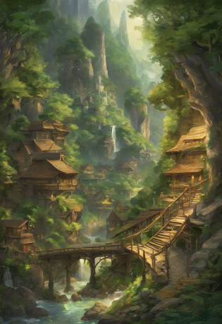 Nestled gracefully within the craggy embrace of towering, verdant mountains, this ethereal village stands as a testament to elven harmony with nature. Set against the steep, emerald-clad terrain, its homes and pathways are a harmonious blend of elven craftsmanship and the surrounding wilderness. Elaborate, spiral staircases of carved stone connect the dwellings, while slender bridges of finely hewn wood span glistening streams and cascading waterfalls, linking the tiers of this sylvan settlement.

The villagers live in harmony with the land, their homes adorned with intricate, nature-inspired carvings and nestled beneath canopies of ancient, moss-draped trees. Each terrace reveals breathtaking vistas of soaring peaks and serene valleys, where the light of the sun dances through the leaves in intricate patterns. Towering trees of alabaster birch, their slender branches reaching skyward, stand as guardians of the village.

Beyond the mountains' embrace, a dense forest of ancient oak and silver-leafed aspen extends its verdant fingers toward the village. Here, the elven inhabitants find solace and sustenance, gathering herbs, forage, and the finest timbers for their graceful craftsmanship. The air is a tapestry of woodland scents, infused with the fragrant embrace of blooming wildflowers and the songs of countless birds.

In this elven haven, where nature and artistry coexist in perfect harmony, the villagers exemplify the spirit of the woods they call home, resilient and resourceful, deeply connected to both the formidable mountains and the enchanting forest that cradles their timeless community.