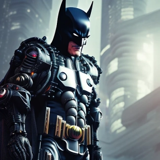 octane render of cyberpunk batman by Tsutomu nihei, chrome silk with intricate ornate weaved golden filiegree, dark mysterious background --v 4 --q 2