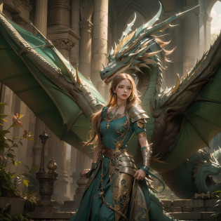 (Numerous award-winning masterpieces, with incredible detail, textures and maximum detail), (hyper realistic:1.4), (Dragon Tamer and European style dragon 2 shot full body photo: 1.8), (realistic:1.3), (upper body up:0.3), (best quality real texture skin), (finely detailed true circle eyes), (finely Detailed and beautiful face:1.6), ((medieval world)), (dragon tamer:1.6), (big trained european style dragon: 1.8), (Full-length portrait:1.5), (Dragon's eyes glow strongly from the inside), (tamer has joy in her eyes and a happy smile on her face: 1.3), (Dragon Tamer and European style dragon 2 shot full body photo: 1.8), (Dramatic Light), (A majestic sight), (simple, small whistle of fine workmanship hangs from the trainer's neck),  (european style dragon with big wings behind shoulder: 1.8), (Tamers wear sturdy leather armor with elaborate patterns: 1.2), Earrings with a sacred atmosphere of refined craftsmanship, Followed by little european style dragon behind, (((dramatic photo))), ((dramatic pose)), (flamboyant photo), (golden hair), (silver hair), (chestnut hair), ((looks up)), ((looking down)), (gives full-body standing image:1.5), Old ruins infested with plants, great temple, great cathedral, great shrine, temple ruins, detached temple, Ruins of an ancient castle, Deserted ruins, crumbling ruins, Ancient ruins with clear water, wavelets, running water Shining majestic cloud masses and sky, epic realistic, faded, art, (Greg rutkowski:0.8), (teal and orange:0.4), (art station:1.5), cinematic, ((neutral colors)), (hdr:1.5), (muted colors:1.2), hyper detailed, dramatic light, (intricate details:1.1), complex background,
