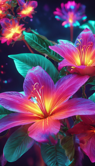 there is a flower that is sitting on a branch with leaves, magical colorful flowers, glowing delicate flower, luminous flowers, colored flowers, glowing flowers, beautiful flower, large exotic flowers, colorful flowers, with beautiful colors, colourful flowers, glowing neon flowers, colorful hd picure, hd wallpaper, magical flowers, beautiful tropical flowers, with colored flowers, depicting a flower