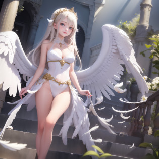 8K, Best Masterpiece, Best Quality, 1 Girl,Large Wing, Feathers, Superlative Angel, Hello, Pure White, Tenderness, Smile, Sanctuary, Stairway to Heaven, Skimpy Panchira,