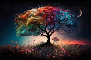 a field of wildflowers, vivid colors, glow in sunlight, unique flowers, different sizes and colors, vast tree in the center, branches reach across the sky and tower over the field, --q 1. 5 --s 100 --ar 3:2