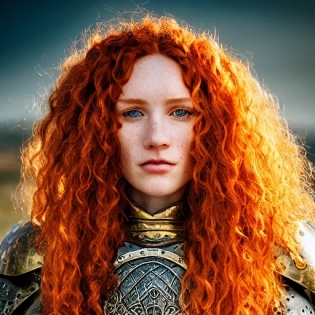 portrait photo of an open and proud looking, beautiful model like gaelic woman, long curly ginger colored hair with curls, wearing heavy chain armor, on a very bright and sunny day, georgeous face details, cinematic lighting, very high detailed, 8k, foggy background, freckles, symmetrical face, artstation, sun lit face