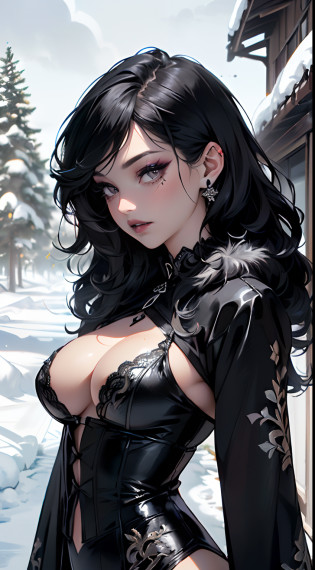 goth girl,(((1girl))),((extremely cute and beautiful black haired anime goth girl)),(((16 years old))),

(large breasts:1.2),((((black wavy hair:1.35,absurdly long unkempt hair,messy hair,colored inner hair,ear breathing)))),((heterochromia:1.5,eye1 purple,eye2 red))),intricate eyes,beautiful detailed eyes,symmetrical eyes,Big eyes:1.5,((fat)),(((lustrous skin:1.5,bright skin: 1.5,skin tanned,shiny skin,very shiny skin,shiny body,plastic glitter skin,exaggerated shiny skin,illuminated skin))),(spider lower abdomen,narrow waist,wide hip,athletic body,inflated legs,delicate detailed fingers,detailed body,detailed arms,human hands,(detailed face)),

cute,slutty,seductive,erotic,(nsfw),

zettai ryouiki,revealing clothing,show skin,(((Sexy goth fur coat, goth fur coat outfit, wearing a goth fur coat:1.3,black winter coat))),((black mini-skirt,black mini skirt with furry edge,visible thong straps)),((black corset)),(black gloves,black gothic clothes,semi-naked,with little goth clothing),(((Black Eyeshadow,Thick Black Eyeliner,Long Dramatic Eyelashes,Black Lips,Goth Accessories,intricate makeup))),(((lace on your clothes,intricate outfit,intricate clothes,embroidered outfit,ornate outfit,embroidered clothes,ornate clothes))),


(dynamic pose:1.0),embarrassed,(centered,scale to fit dimensions,Rule of thirds),

((snowy pine forest at night)), with dark stormy clouds,winter,scenery:1.25,((snow forest background)),Christmas tree,

highres,sharp focus,(ultra detailed,extremely detailed),(photorealistic artwork:1.37),(extremely detailed CG unity 8k wallpaper),(((vibrant colors,vibrant theme))),(intricate),(masterpiece),(best quality),