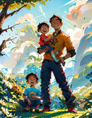 Illustration poster,, flat illustration, Father's Day, Asia, father and son, father smile, short hair,black hair,clear facial features, smile happiness on face, middle-aged father holding child, grass,father is riding a bicycle on a country road,sunny, child sits on the bicycle,blue sky and white clouds, warm background for two people, bright colors, high saturation, contour light, warm bright, colorful, HD 8K ,