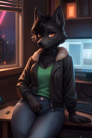 by kenket, by totesfleisch8, (by thebigslick, by silverfox5213:0.8), (by syuro:0.2), (by qupostuv35:1.2), (hi res), ((masterpiece)), ((best quality)), illustration, furry, ((black wolf)), animal ears, body fur, 1girl, solo, black hair, looking at viewer, smile, female, ((wolf girl)), young adult, room and city, (((night, RGB lights, warm colors, lofi))), ((room with computers)), screen lights, toned body, choker, chill pose, jacket and jeans, tomboy clothes, femenine clothes, lofi 8bits, furry anthropomorphic wolf, furry wolf nose, ((black fur:1.5))