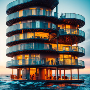 ultra hyper realistic award winning, 4 story oval wavy curved wonky narrow tower building, built in and on the ocean, with giant pillar tubes holding the building up, alone in the middle of the ocean waves, built with random scaffolding, plastic corrugated tubing, recycled material of plastic exoskeleton transparent plastic, wrap around the building, blown in wind, making bubble shapes, post apocalyptic structure, bubble plastic blown by heavy wind sheets, distorted shapes as windows on choppy water ocean, inside are muted warm lights of mix colours red yellow shining, structure standing on a ocean in complete darkness of night, raining is pouring, wet and stormy, a outside people walking around, silhouette of people sitting down reading books people inside the rooms lots of people fishing from the rooms dramatic, dark, sharp focus, 8k