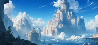ConceptArt?NOhumans?scenecy?Eau?Skysky?In the daytime?The tree???clouds?waterfallr?exteriors?buliding?naturey?rios?blue-sky?Image resolution 2560*1440