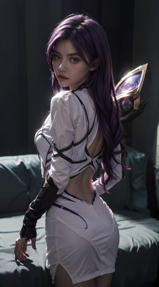 1girll?Kai'Sa?league of legend?Casa?Purple wings?Deep purple hair?Purple eye?Serious expressions?intense glare?looking at viewert?from back??dynamicposes??(Wings of the Void)?arma?tmasterpiece?the Extremely Detailed CG Unity 8K Wallpapers?best qualtiy?32K?Focus Clear?Cyber City?neonlight?light circles?Void Realm?Anger to the bone?dewpoint?frontage?lovemaking?Shy?perspire?no clothes are worn