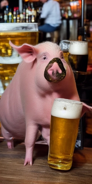 Pig with a beer in a bar as photograph