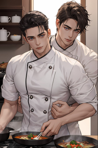high-level image quality?two handsome men?Elaborate Eyes?Slightly muscular?large tall?Random Hairstyles?Rough clothing?cuisine?cooking a?adorable eyes?janelas?Soft sunshine??????????