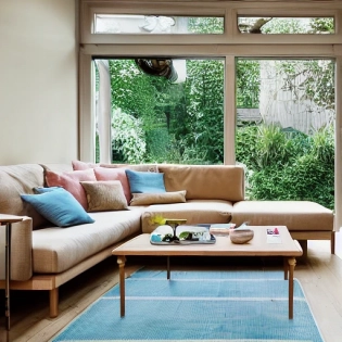 high resolution photography interior design, dreamy sunken living room conversation pit, wooden floor, small windows opening onto the garden, bauhaus furniture and decoration, high ceiling, beige blue salmon pastel palette, interior design magazine, cozy atmosphere