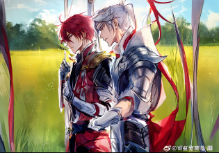 Male anime characters standing side by side in a field, Author?Shitao, zerochan, nixeu and sakimichan, by Yang J, zerochan art, from kenshin, sakimichan and frank franzzeta, white and red armor, by Qu Leilei, Author?Fan Qi, at pixiv, Author?Shao Mi, Author?Shi Rui