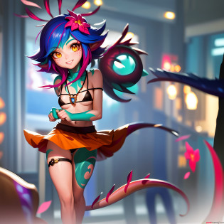 best illustration, illustration, vibrant colors, masterpiece, best quality, absurdities, 1girl, beautiful face, detailed eyes, looking at the viewer, contrapposto, sexy, full body, neeko, facial marks, hair ornaments, hair flower, necklace, lizard tail, multicolored skin, body painting, walking in public, with shame, red with shame, panting, smiling, in public, waving to strangers, teasing strangers, (( black micro-bikini)), walking on the street, in public, wearing black micro-bikini, black bikini, surrounded by people, confused