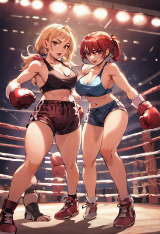 Mature female boxers?Two Women?sport bra and shorts?Boxing gloves?Boxing matches?waist line?Boxing ring on background?No audience?Do not put people in the background