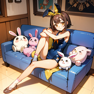 One girl. (masutepiece, of the highest quality, Kyoto Animation Style Illustration, of the highest quality, Official art, aesthetics, Beautiful details, :1. 2), BREAK, (17 years old girl), Very detailed, colourfull, highest details, BREAK, (girl, Cute, Cheerful, Loli face, A dark-haired?a short bob?tareme, gleaming skin, Hugging a stuffed rabbit, Playboy Bunny, shiny school swimsuit, High socks with pink and yellow stripes,Pink Bunny Years Hair Band, Eat carrots and lie on the couch, Open legs wide ,Awaken,looks sleepy (Toy store background, Lots of stuffed animals,cuckoo clock:1.2),