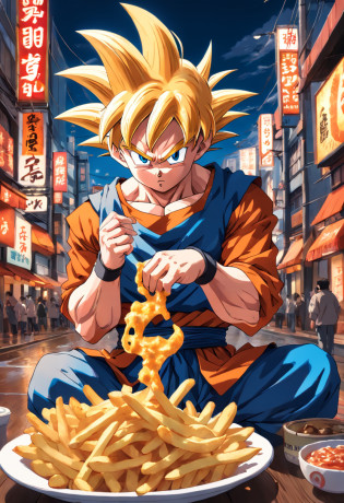 goku eating fries in izakaya