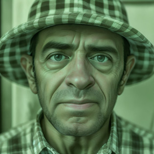 There is a man with a hat on his head and a plaid shirt, retrato de closeup extremo, full - rosto close - retrato para cima, Close Up foto retrato, retrato da vida real, retrato de close up extremo, retrato ultra detalhado, rosto completo close up retrato, foto retrato de alto detalhe, Retrato tirado 8 K, retrato do rosto do homem nervurado, El Chavo del Ocho